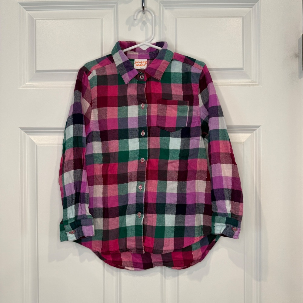 Jumping Beans Girls Pink Green Plaid Flannel‎ Button Down Shirt Size 6 Sparkle